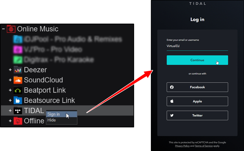 Virtual DJ 上で TIDALにサイイン